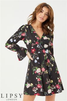 Lipsy Floral Printed Covered Button Long Sleeve Tea Dress